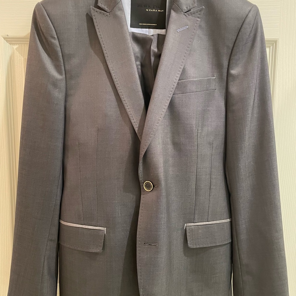 Zara Man Black Tag Modern Suit Jacket Pant Set Gray Wool Blend